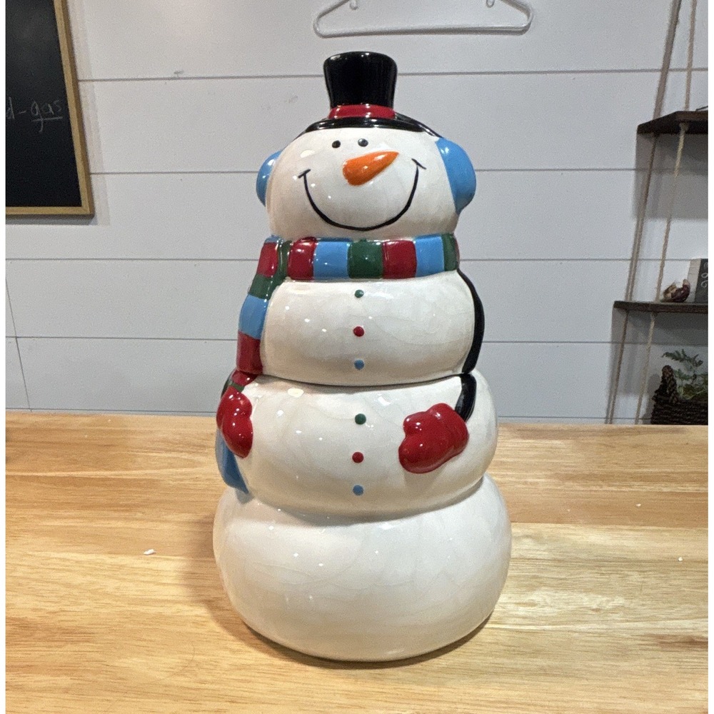 Snowman Ceramic & Porcelain Cookie Jar w/ Lid Top Hat Christmas Holiday